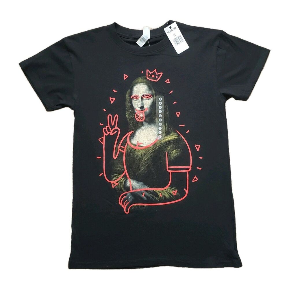 NWT Brisco Mona Lisa Funny Graphitti Size Small Mens Black T-Shirt Art Tagging